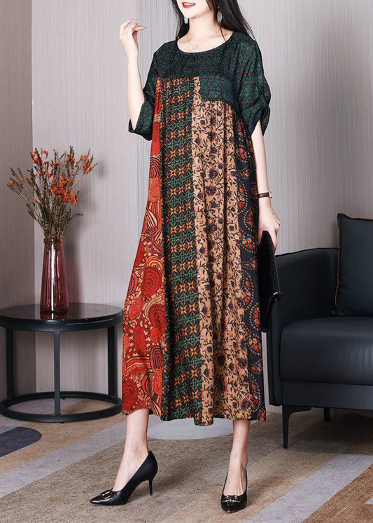O Neck Women's Colorblock Oversized Patchwork Silk Dresses Summer