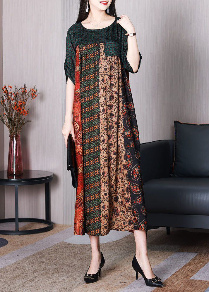 O Neck Women's Colorblock Oversized Patchwork Silk Dresses Summer