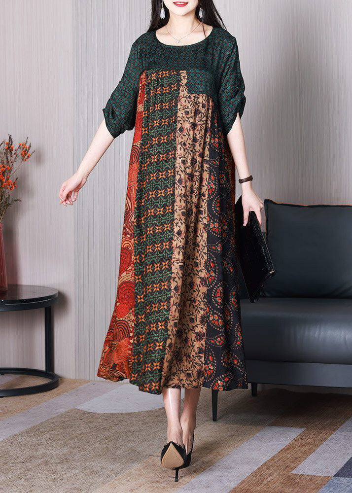 O Neck Women's Colorblock Oversized Patchwork Silk Dresses Summer