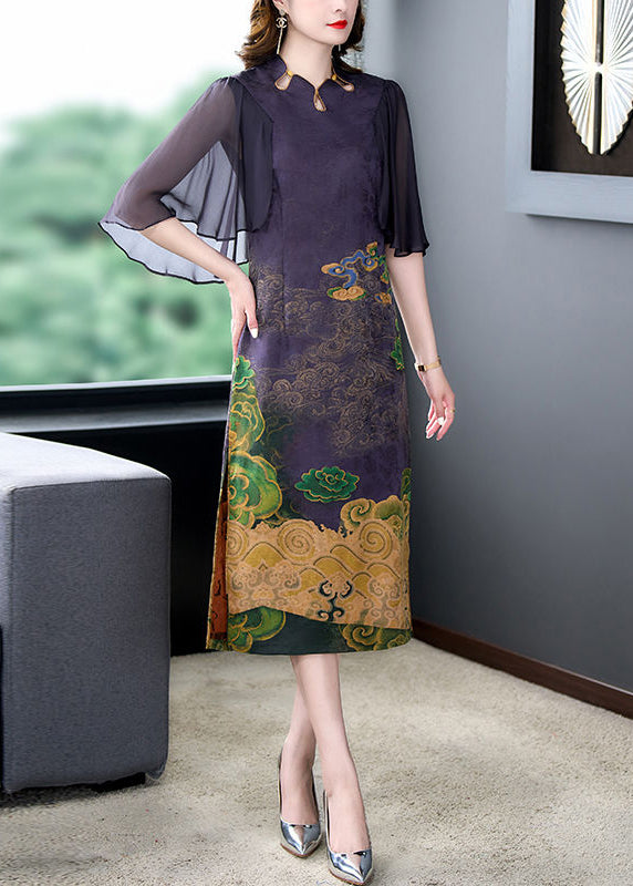 Women Dark Purple Print Side Open Slim Fit Silk Dress Cloak Sleeves