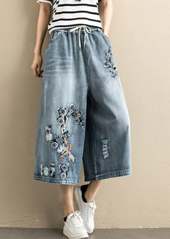 Ladies Blue Embroidered Tie Waist Wide Leg Denim Pants Summer