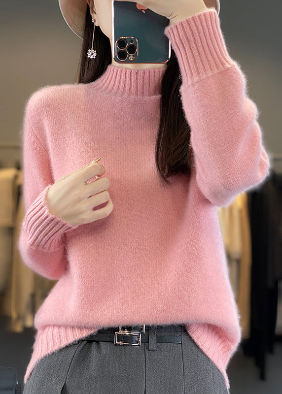 Women Green Half Hign Neck Thick Woolen Knit Sweaters Winter