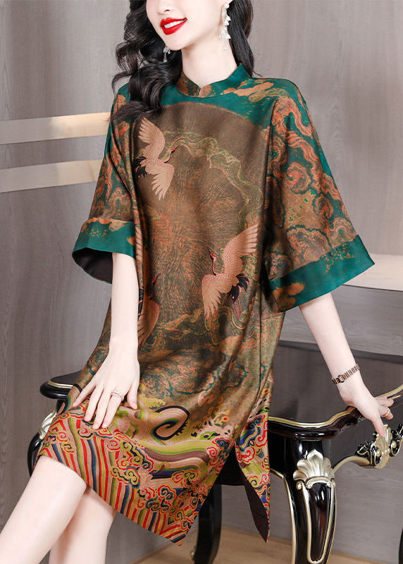 Green printed silk Chinese style oversized half-sleeved women's dress