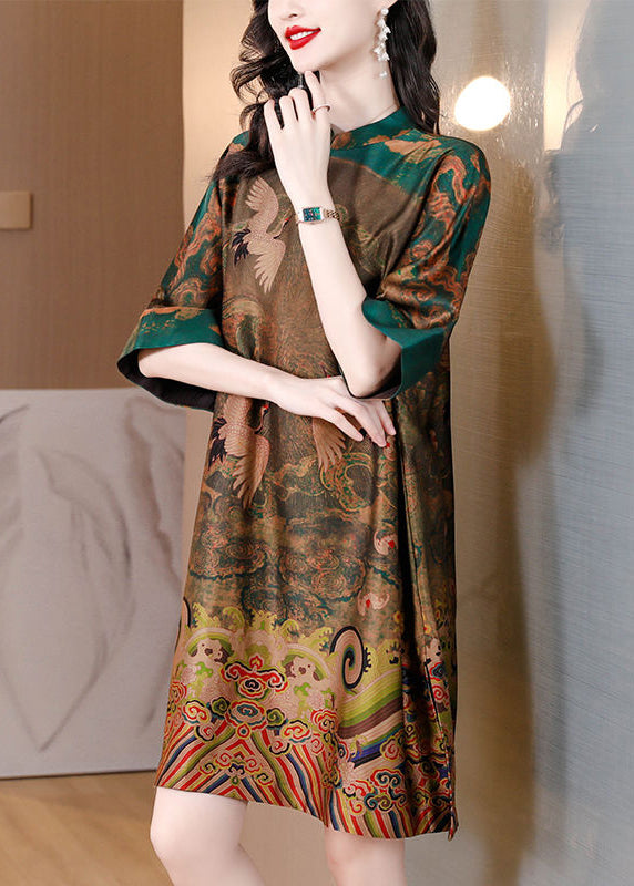 Green printed silk Chinese style oversized half-sleeved women's dress