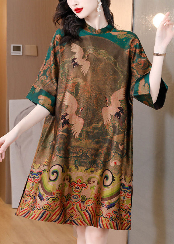 Green printed silk Chinese style oversized half-sleeved women's dress