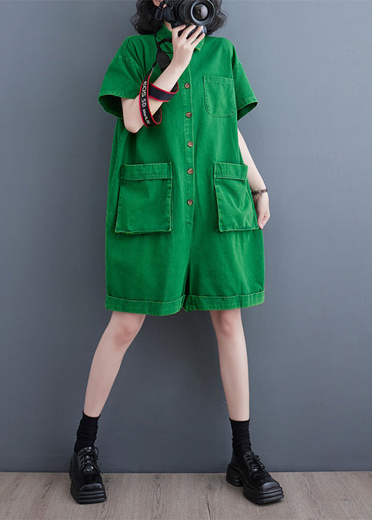 Ladies Green Peter Pan Collar Button Denim Jumpsuit Summer