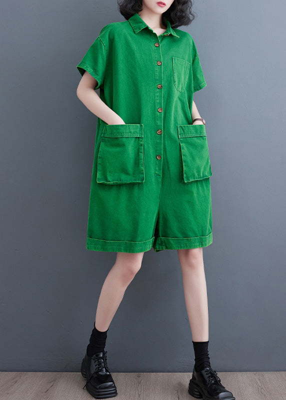 Ladies Green Peter Pan Collar Button Denim Jumpsuit Summer