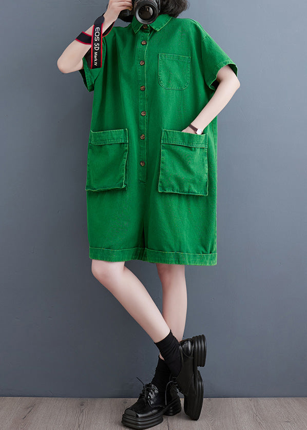 Ladies Green Peter Pan Collar Button Denim Jumpsuit Summer