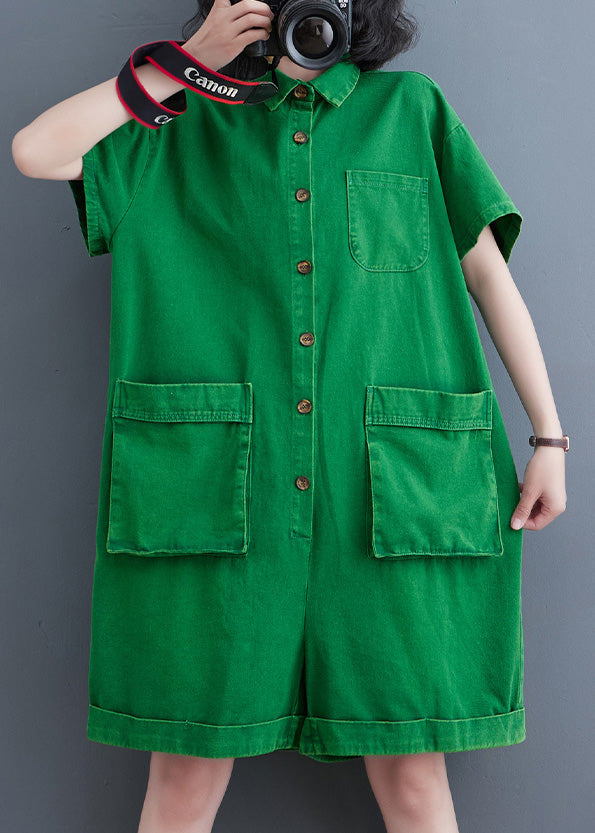 Ladies Green Peter Pan Collar Button Denim Jumpsuit Summer