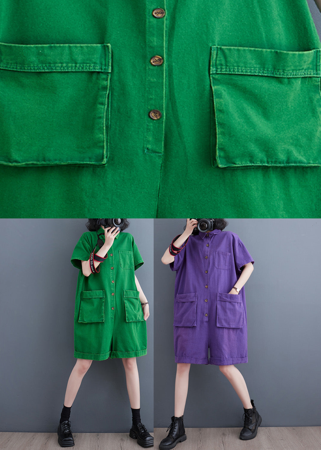 Ladies Green Peter Pan Collar Button Denim Jumpsuit Summer