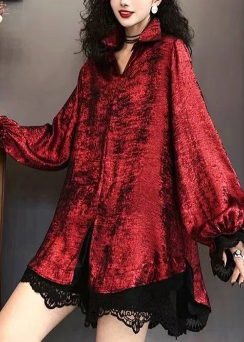 Women Green Peter Pan Collar Lace Patchwork Silk Shirt Long Sleeve