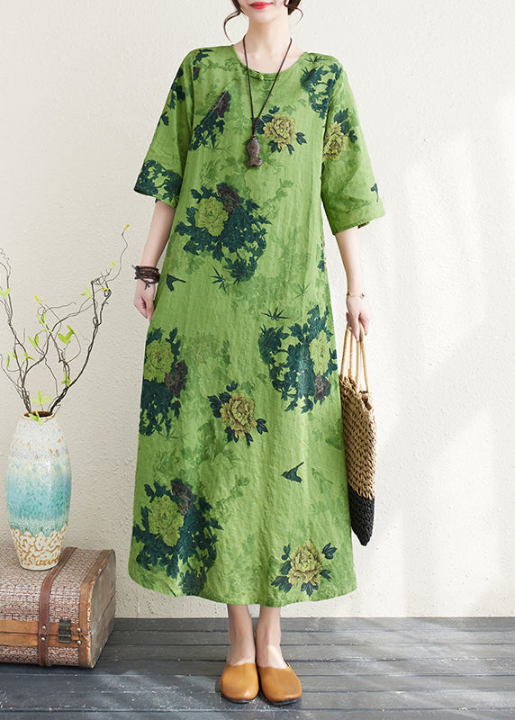 Chinese style Green Print Button Linen A-line Dress Summer