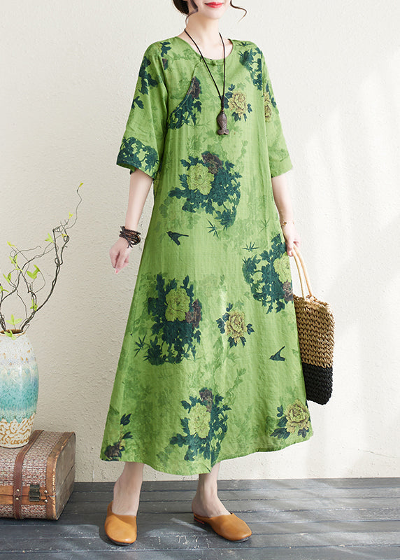 Chinese style Green Print Button Linen A-line Dress Summer