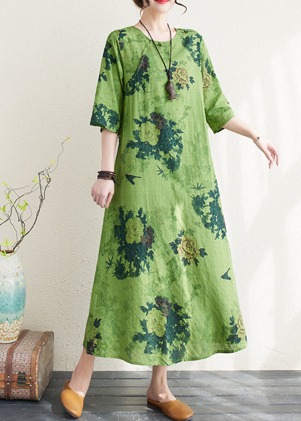 Chinese style Green Print Button Linen A-line Dress Summer