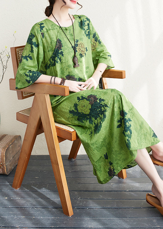 Chinese style Green Print Button Linen A-line Dress Summer