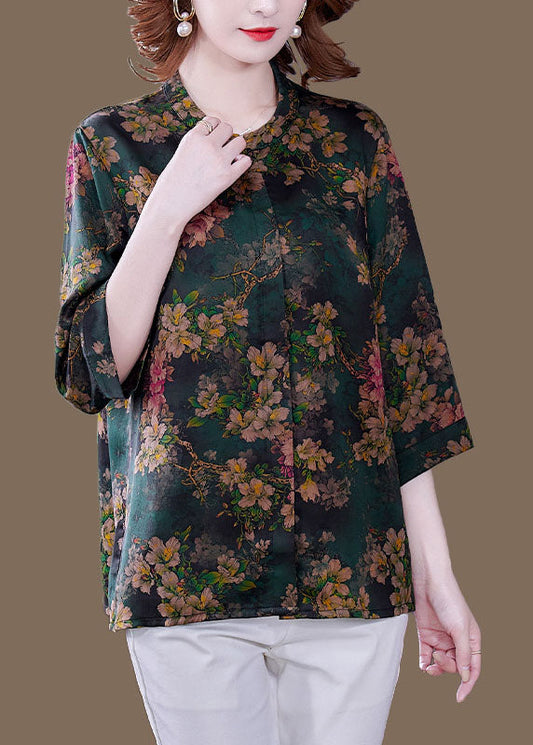 Green Stand Collar Printed Women Silk Shirt Bracelet Sleeves