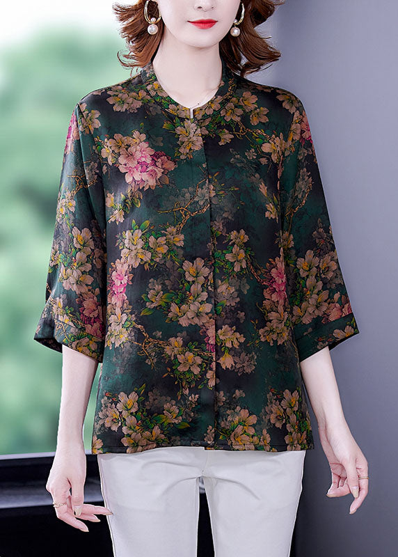 Green Stand Collar Printed Women Silk Shirt Bracelet Sleeves