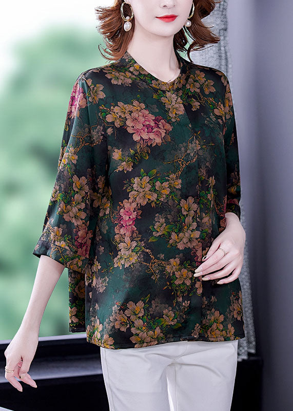 Green Stand Collar Printed Women Silk Shirt Bracelet Sleeves