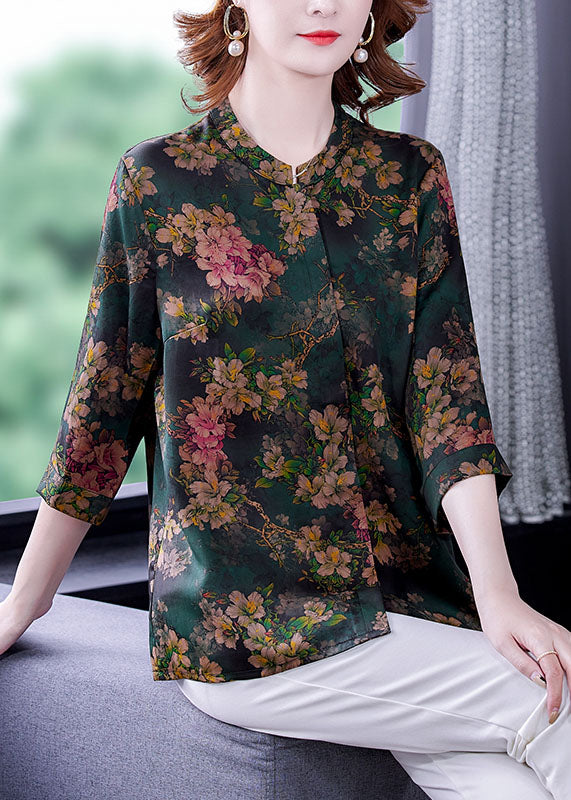 Green Stand Collar Printed Women Silk Shirt Bracelet Sleeves