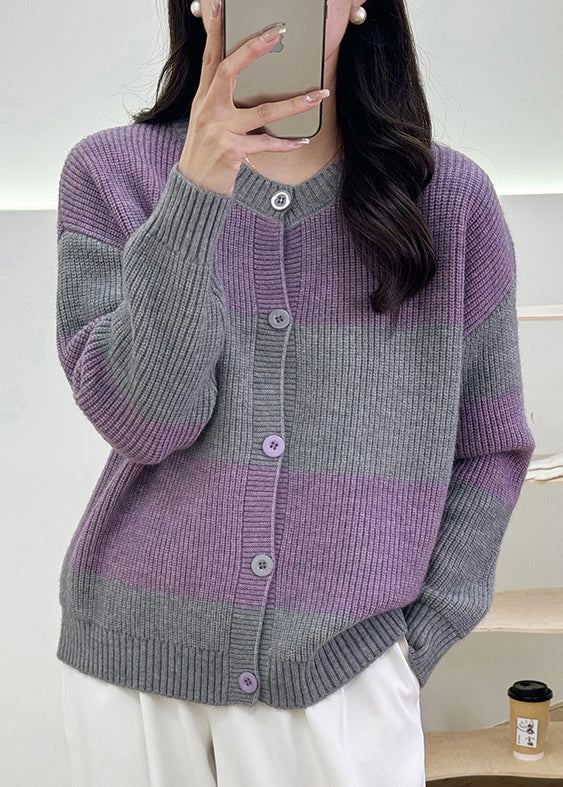 Women Grey Striped Button Knit Cardigan Fall