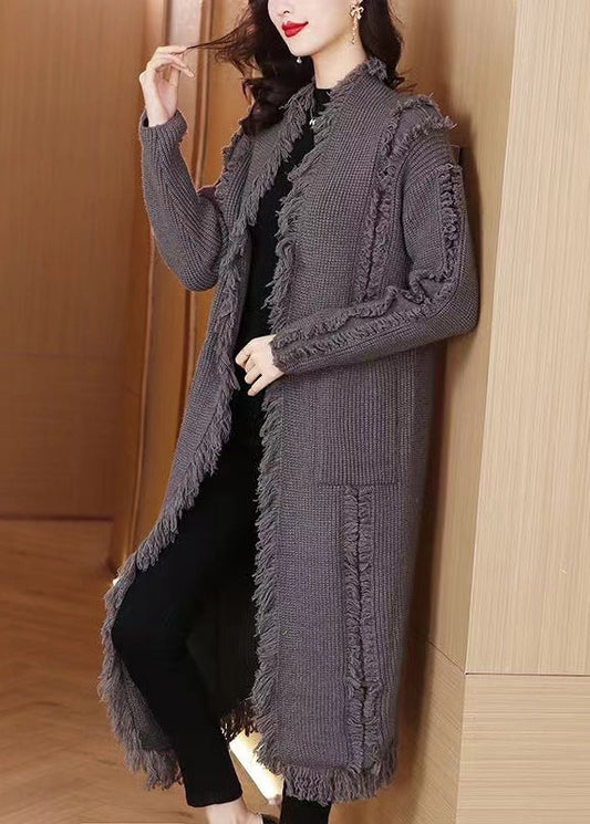 Women Grey Tasseled Pockets Knit Cardigan Winter