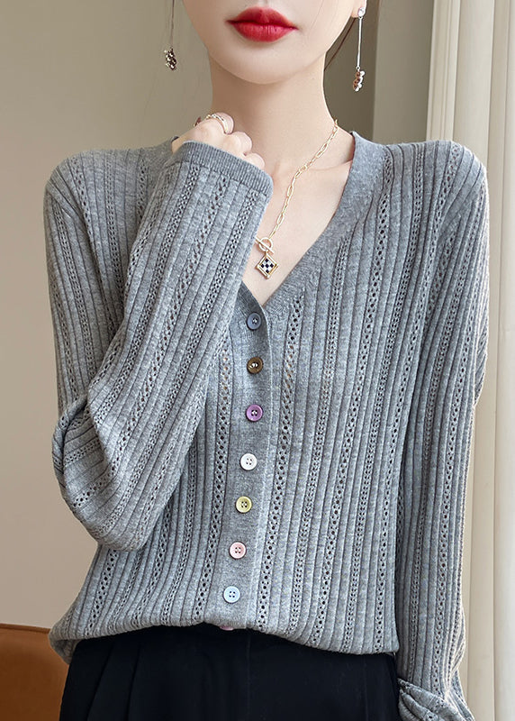 Women Grey V Neck Button Hollow Out Knit Top Fall