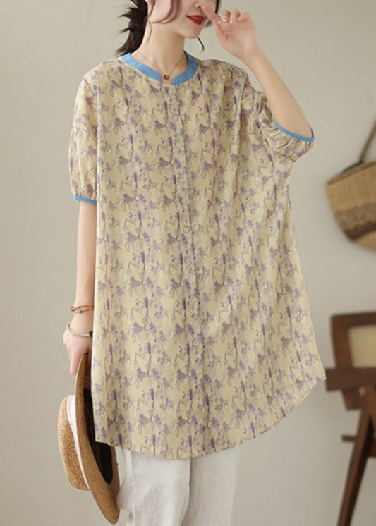 Khaki Oversized Printed Linen Shirt Dress Women's Summer