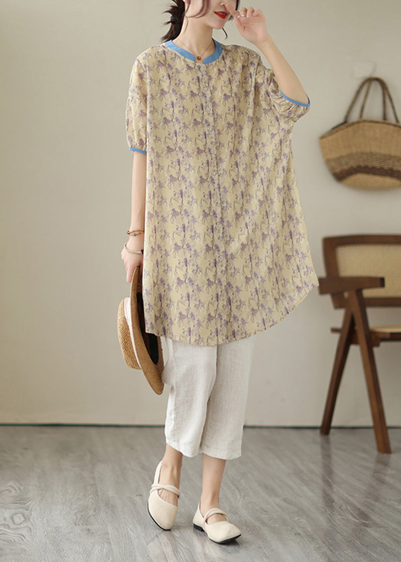 Khaki Oversized Printed Linen Shirt Dress Women's Summer