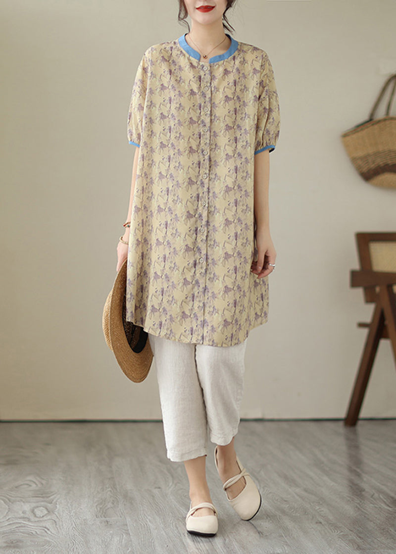 Khaki Oversized Printed Linen Shirt Dress Women's Summer