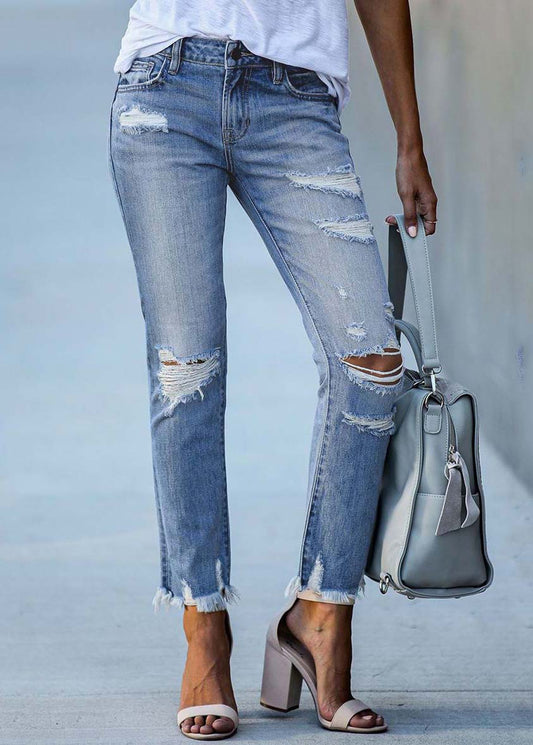 Modern Light Blue Slim Fit Tassel Denim Pants Summer