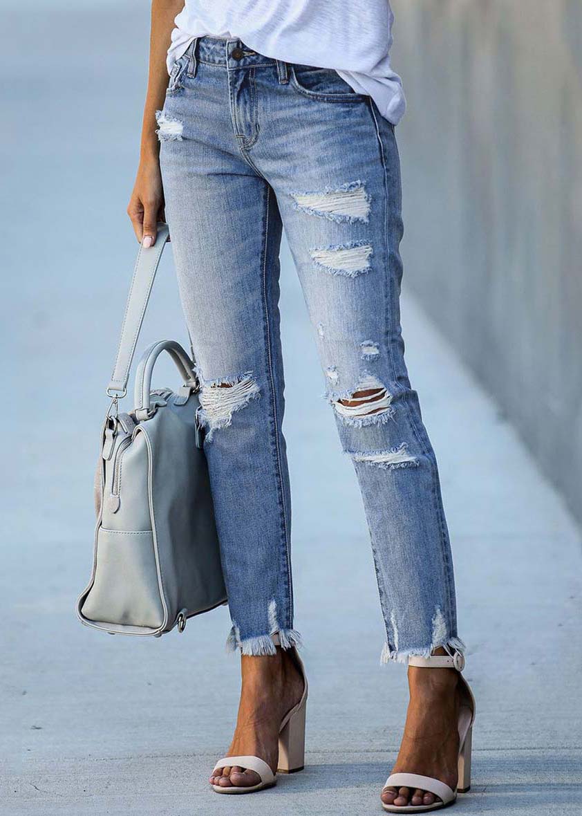 Modern Light Blue Slim Fit Tassel Denim Pants Summer