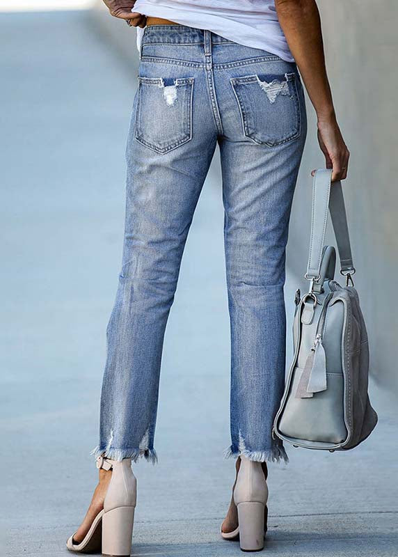 Modern Light Blue Slim Fit Tassel Denim Pants Summer