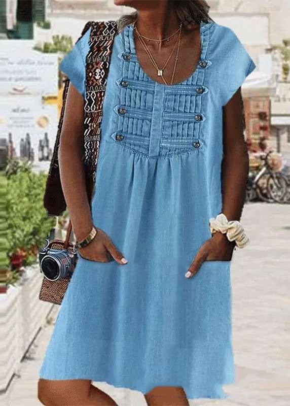 Summer Ladies O Neck Light Blue Wrinkle Patchwork Denim Dress