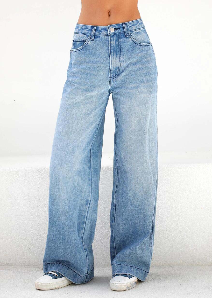 Light blue large profile design women's denim wide leg pants summer