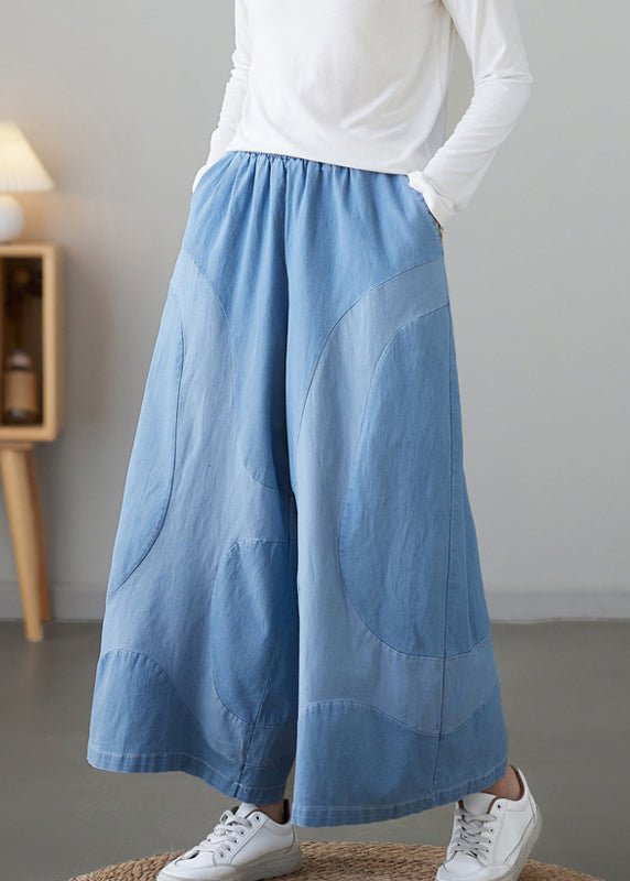 Women Light Blue Pockets Elastic Waist Denim Wide Leg Pants Fall