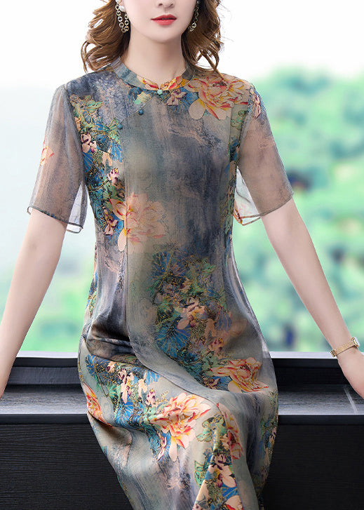 Light gray stand-up collar tie-dye print slim silk dress for summer