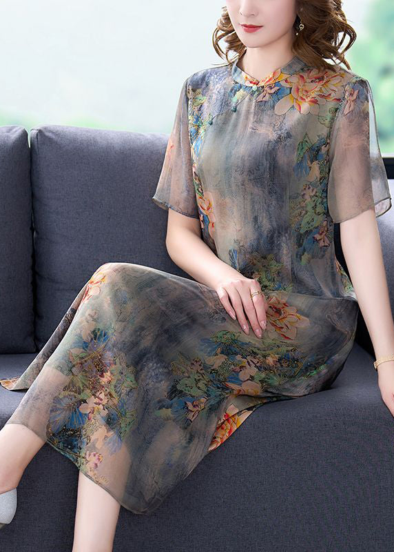 Light gray stand-up collar tie-dye print slim silk dress for summer