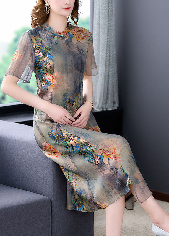 Light gray stand-up collar tie-dye print slim silk dress for summer