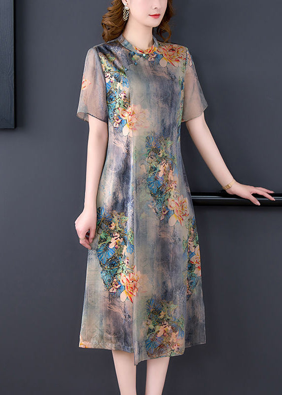 Light gray stand-up collar tie-dye print slim silk dress for summer