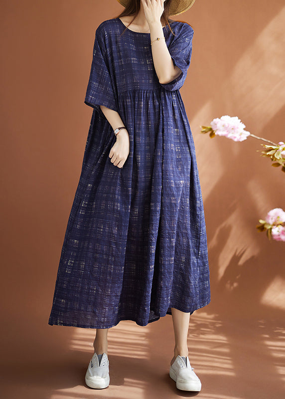 Navy Blue Plaid Linen Oversized Dress Summer