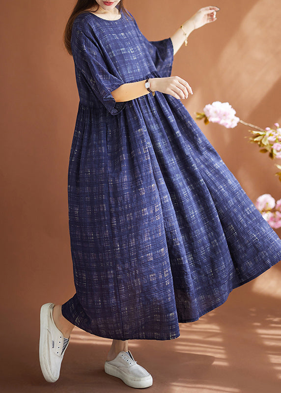 Navy Blue Plaid Linen Oversized Dress Summer