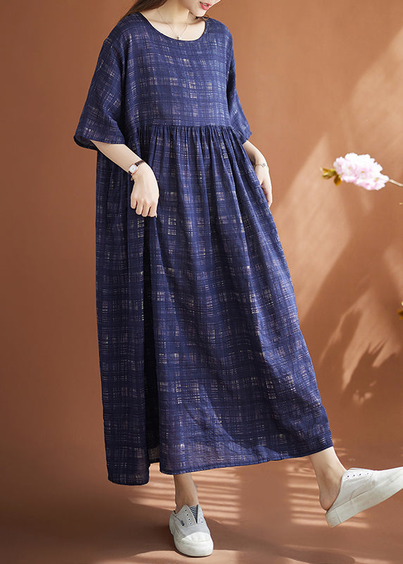 Navy Blue Plaid Linen Oversized Dress Summer