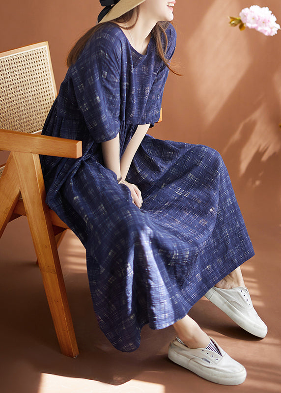 Navy Blue Plaid Linen Oversized Dress Summer