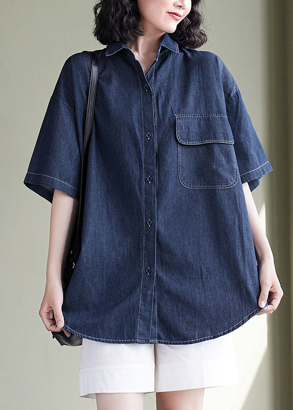 Navy Patchwork Peter Pan Collar Denim Shirt Top Summer