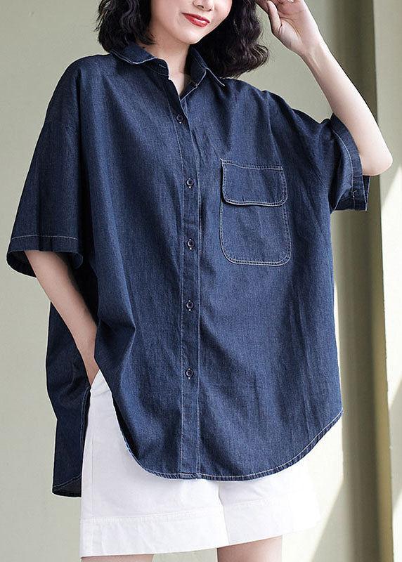 Navy Patchwork Peter Pan Collar Denim Shirt Top Summer