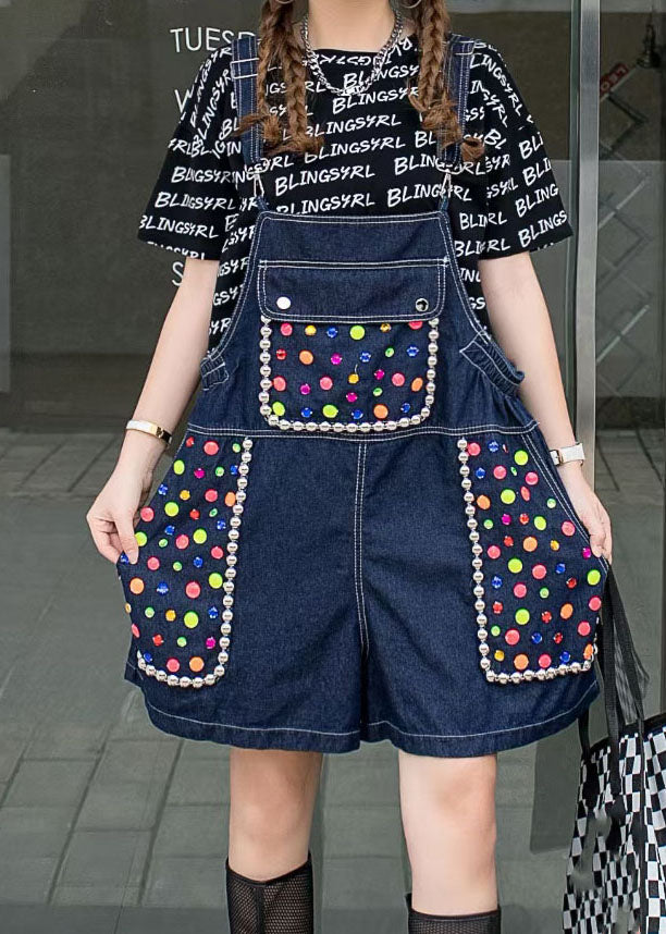 Women's Navy Zircon Patchwork Denim Jumpsuit Shorts Summer