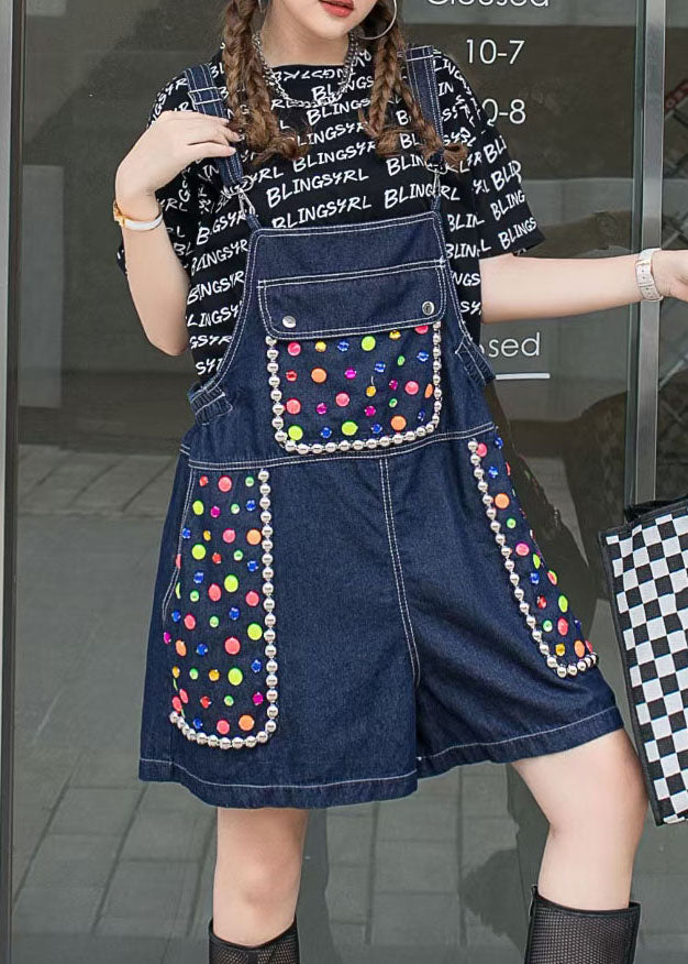 Women's Navy Zircon Patchwork Denim Jumpsuit Shorts Summer