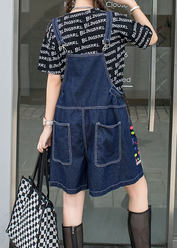 Women's Navy Zircon Patchwork Denim Jumpsuit Shorts Summer