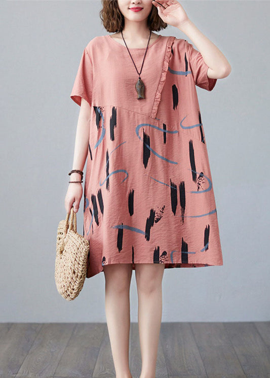 O Neck Orange Printed Patchwork Cotton Women's Mid Dress Summer