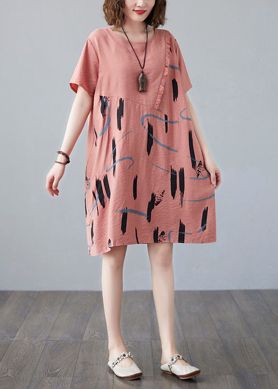 O Neck Orange Printed Patchwork Cotton Women's Mid Dress Summer